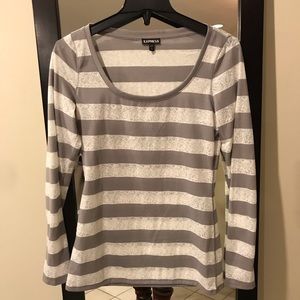 Cute Grey & Cream Lace Striped LS Tee